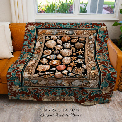 Maximalist Coastal Seashell Tapestry | Ocean Aesthetic Woven Throw Blanket Starfish Sea Life Decor Nautical Beach House Vintage Cottagecore