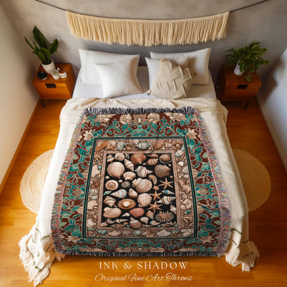 Maximalist Coastal Seashell Tapestry | Ocean Aesthetic Woven Throw Blanket Starfish Sea Life Decor Nautical Beach House Vintage Cottagecore