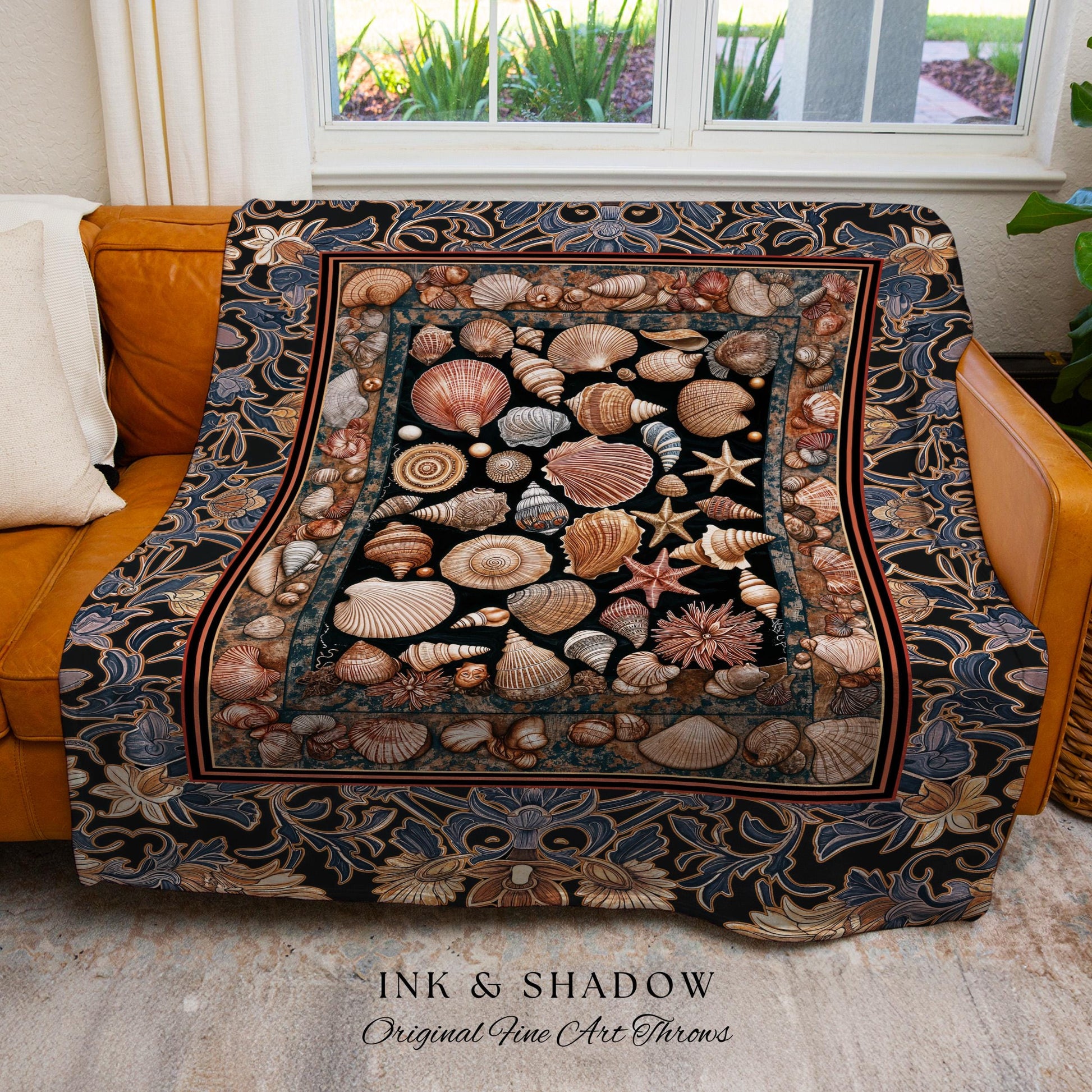 Elegant Art Nouveau Seashell Blanket | Ocean Inspired Mermaidcore Decor Baroque Nautical Fantasy Marine Accent Rustic Coastal Woven Tapestry