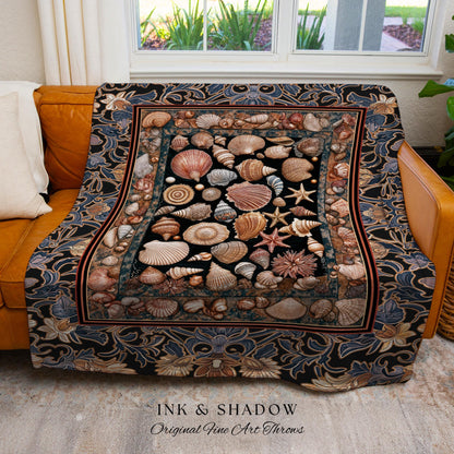 Elegant Art Nouveau Seashell Blanket | Ocean Inspired Mermaidcore Decor Baroque Nautical Fantasy Marine Accent Rustic Coastal Woven Tapestry