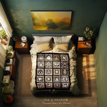 May include: A black and white throw blanket with a geometric design. The blanket is on a bed with white and brown pillows. The bed is in a room with green walls and a painting above the bed. The text on the blanket reads &#39;INK & SHADOW Original Fine Art Throws&#39;.