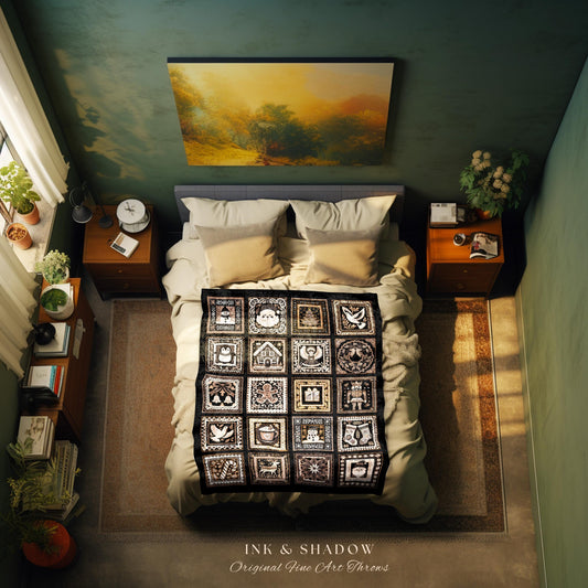 May include: A black and white throw blanket with a geometric design. The blanket is on a bed with white and brown pillows. The bed is in a room with green walls and a painting above the bed. The text on the blanket reads &#39;INK & SHADOW Original Fine Art Throws&#39;.