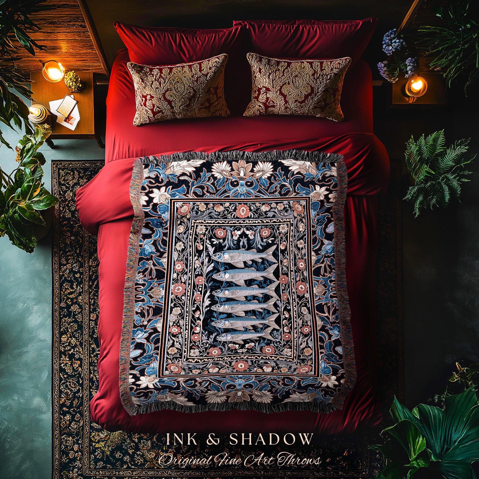 Enchanted Ocean Sardine Fish Blanket Nautical Whimsigothic Coastal Beach Decor | Nordic Marine Underwater Floral Folk Art Sea Life Tapestry