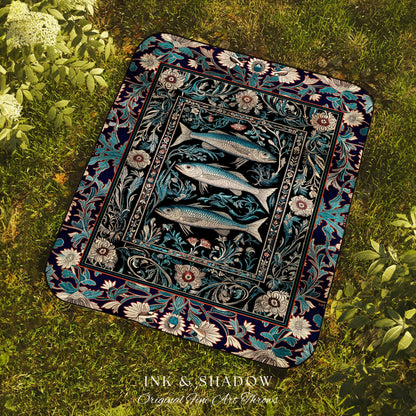Scandi Nautical Sardine Art Picnic Blanket Dark Academia Marine Ocean Fish Decor, Coastal Nordic Beach Home Rustic Sea Art Cottagecore Throw