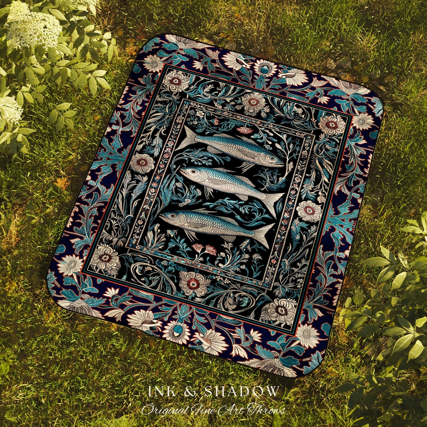Scandi Nautical Sardine Art Picnic Blanket Dark Academia Marine Ocean Fish Decor, Coastal Nordic Beach Home Rustic Sea Art Cottagecore Throw