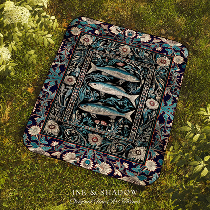 Scandi Nautical Sardine Art Picnic Blanket Dark Academia Marine Ocean Fish Decor, Coastal Nordic Beach Home Rustic Sea Art Cottagecore Throw