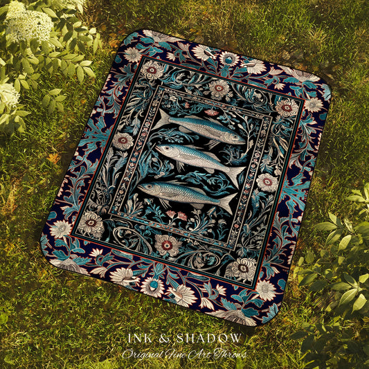 Scandi Nautical Sardine Art Picnic Blanket Dark Academia Marine Ocean Fish Decor, Coastal Nordic Beach Home Rustic Sea Art Cottagecore Throw