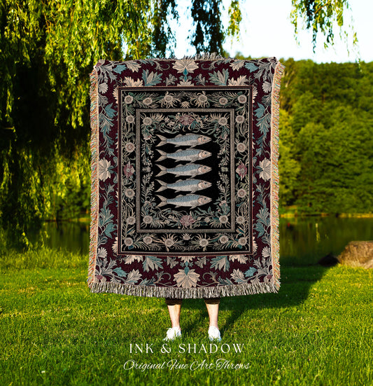 Eclectic Sardine Art Tapestry Blanket | Jacquard Woven Throw Whimsical Coastal Design Maximalist Marine Art Ocean-Inspired Beach House Decor