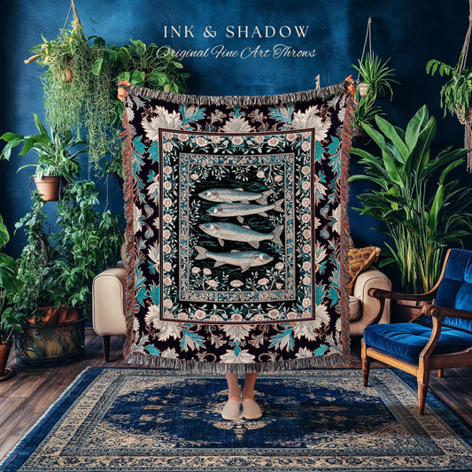 Marine Folklore Ornate Tapestry Blanket | Sardine Nautical Woven Wall Art Underwater Story Coastal Aesthetic Fish Trendy Ocean Decor Beachy