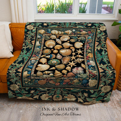 Under the Sea Woven Seashell Blanket | Nautical Mermaidcore Decor Marine Life Coastal Art Shell Pattern Ocean Aesthetic Beach Cottage Style