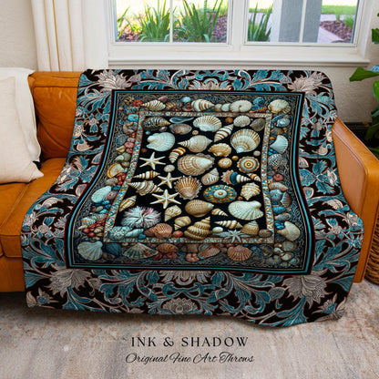 Ocean Theme Coastal Woven Throw Blanket | Beachy Cottage Nautical Theme Seashell Art Vintage Mermaidcore Marine Life Wall Tapestry Eclectic