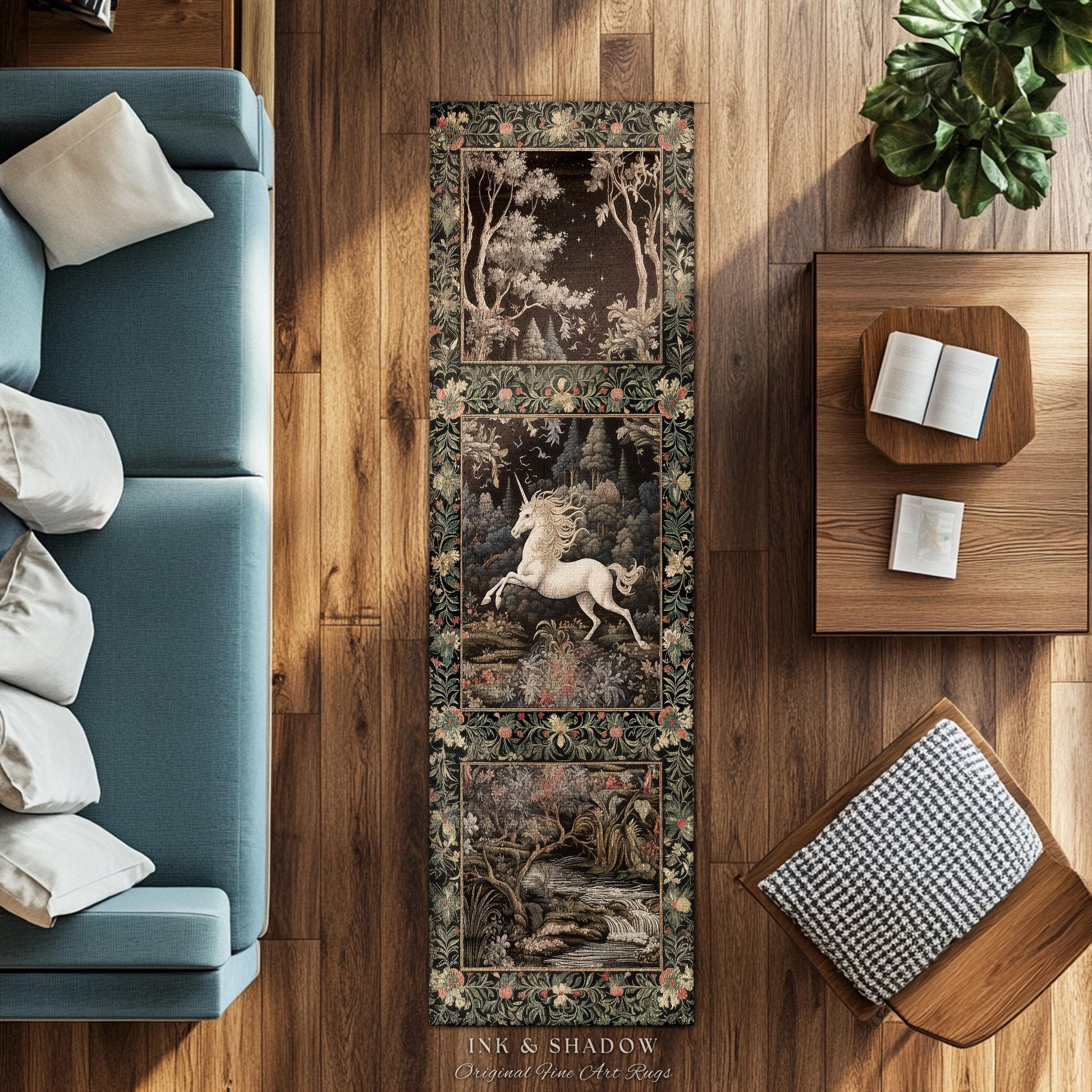 Pastel Botanical Unicorn Rug | Whimsical Folklore Nursery Decor Morris Style Cottagecore Fairycore Mystical Decor Princesscore Aesthetic |