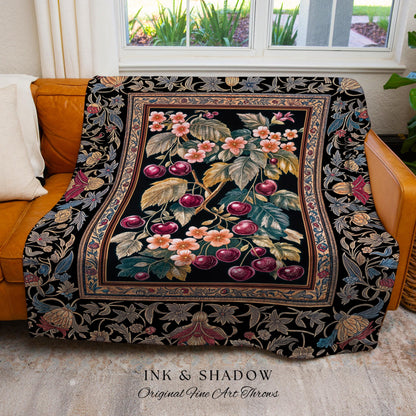 Dark Romantic Cherry Blossom Throw Blanket | Vintage Botanical Gothic Floral Design Moody Garden Accent Baroque Cottagecore Woven Tapestry |