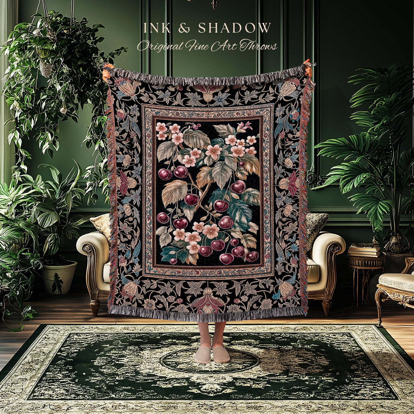 Dark Romantic Cherry Blossom Throw Blanket | Vintage Botanical Gothic Floral Design Moody Garden Accent Baroque Cottagecore Woven Tapestry |