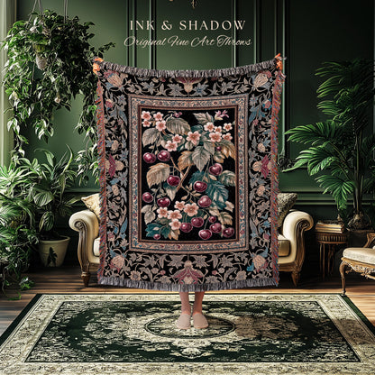 Dark Romantic Cherry Blossom Throw Blanket | Vintage Botanical Gothic Floral Design Moody Garden Accent Baroque Cottagecore Woven Tapestry |