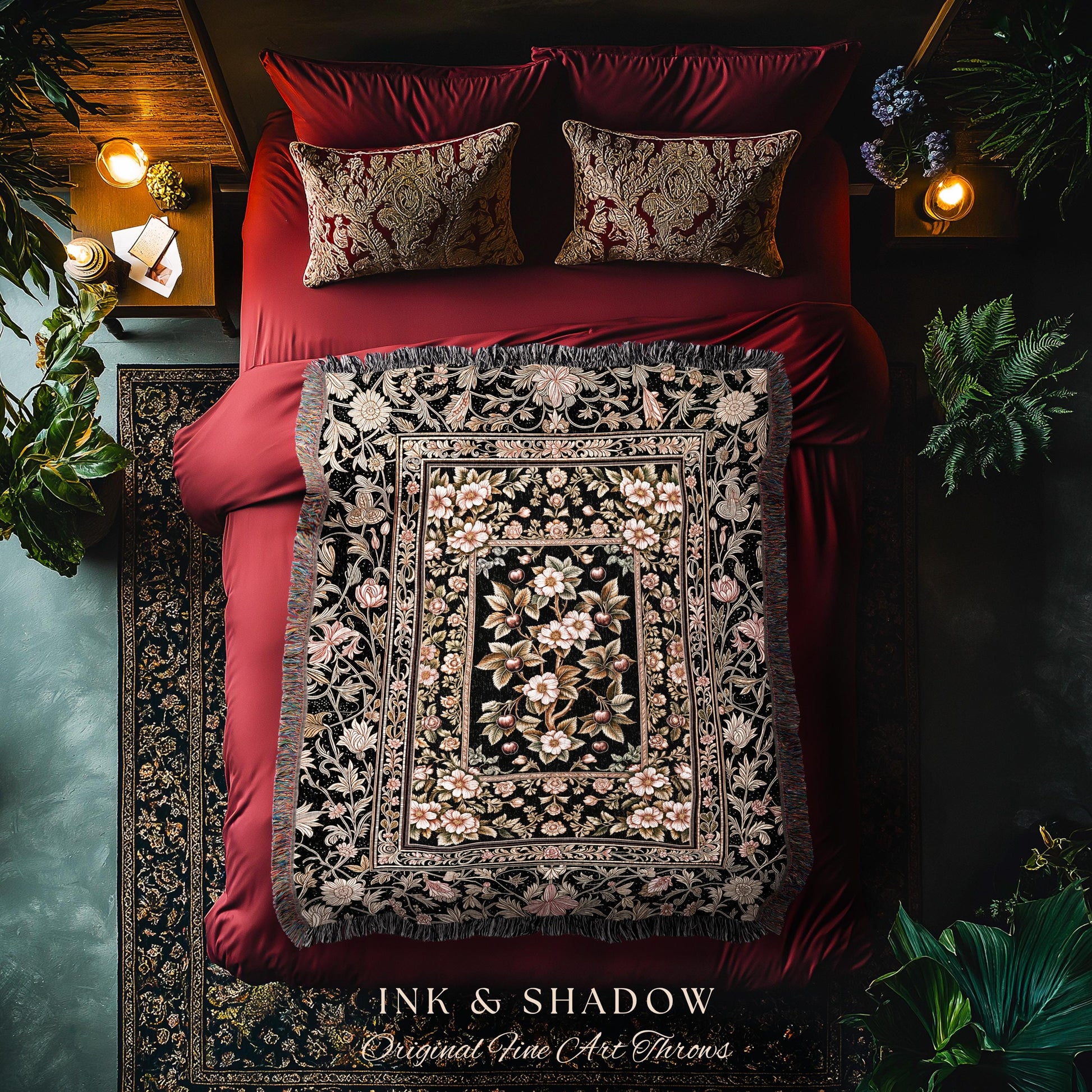 Maximalist Cherry Blossom Woven Tapestry | Moody Gothic Garden Decor Romantic Floral Fruit Throw Blanket Victorian Style Botanical Home Boho