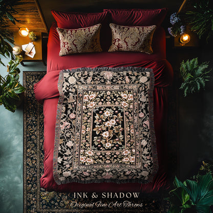 Maximalist Cherry Blossom Woven Tapestry | Moody Gothic Garden Decor Romantic Floral Fruit Throw Blanket Victorian Style Botanical Home Boho