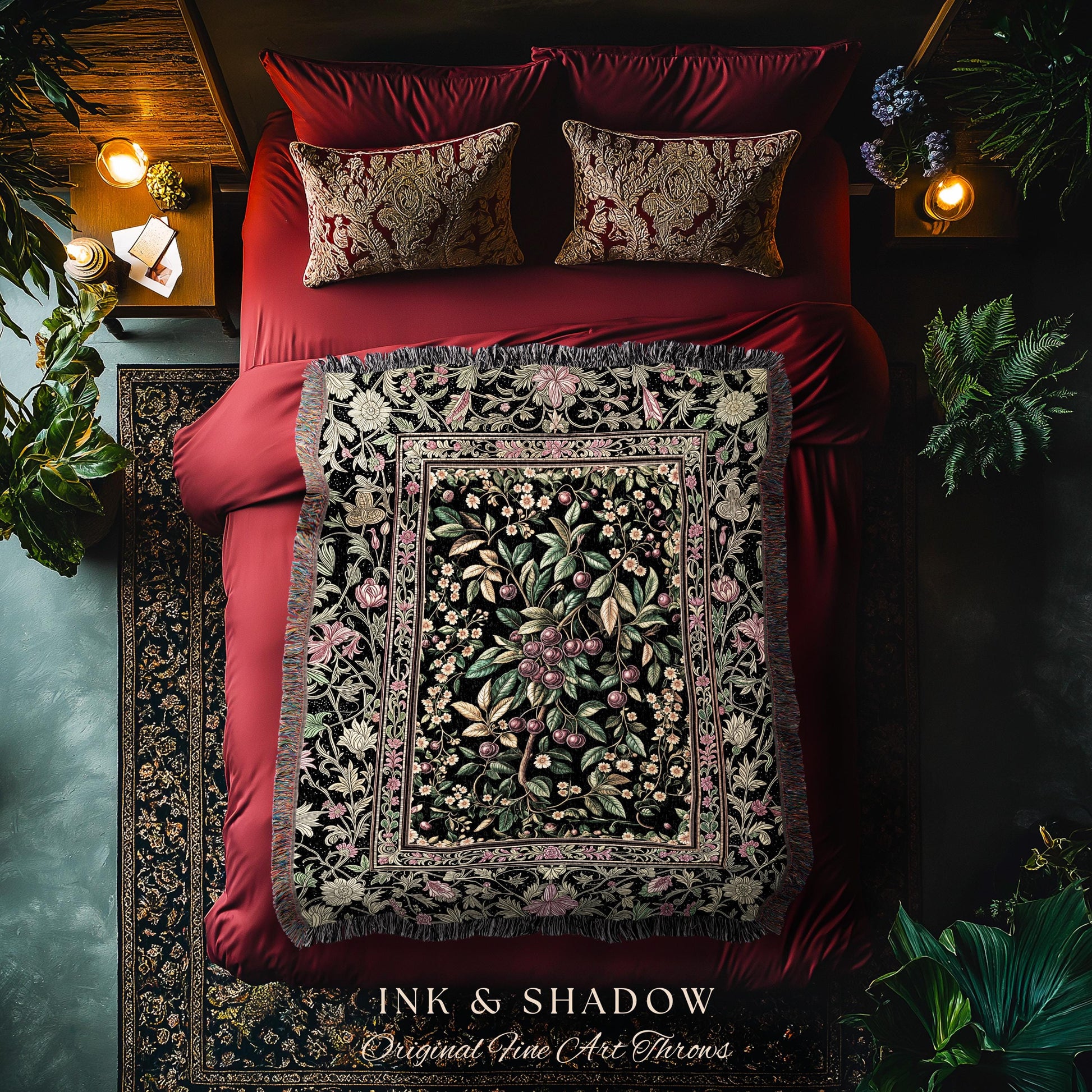 Gothic Elegance Cherry Throw Blanket | Victorian Cottagecore Decor Baroque Floral Style Gothic Garden Woven Tapestry Romantic Dark Ethereal