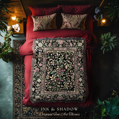 Gothic Elegance Cherry Throw Blanket | Victorian Cottagecore Decor Baroque Floral Style Gothic Garden Woven Tapestry Romantic Dark Ethereal