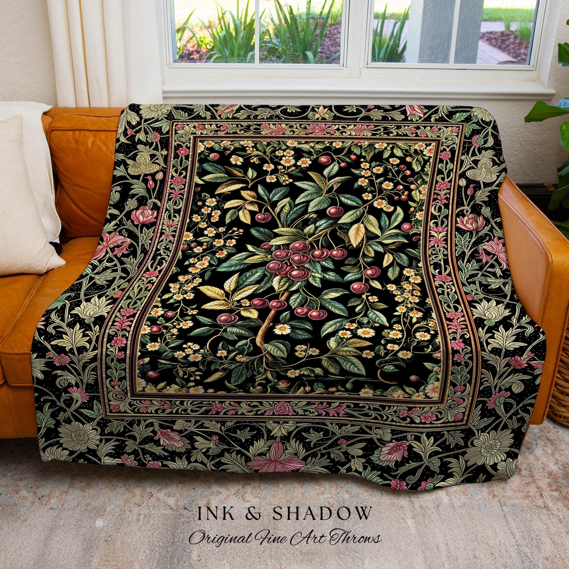 Gothic Elegance Cherry Throw Blanket | Victorian Cottagecore Decor Baroque Floral Style Gothic Garden Woven Tapestry Romantic Dark Ethereal