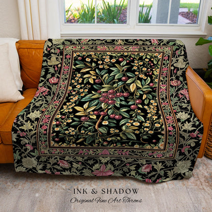 Gothic Elegance Cherry Throw Blanket | Victorian Cottagecore Decor Baroque Floral Style Gothic Garden Woven Tapestry Romantic Dark Ethereal