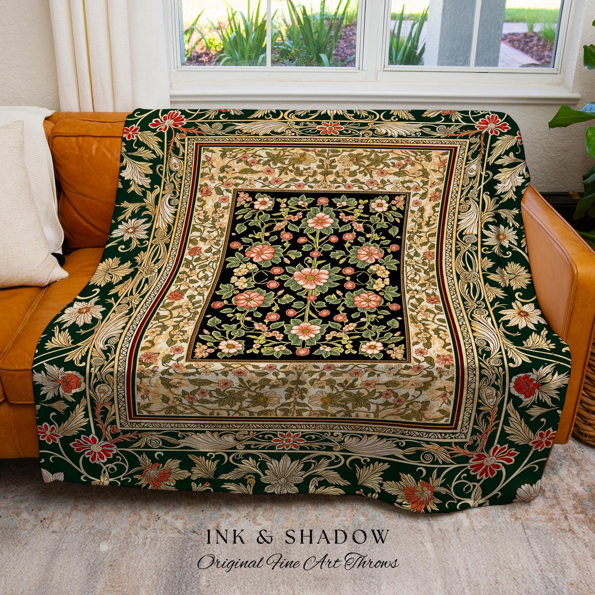 Victorian Garden Floral Throw Blanket | Romantic Rococo Botanical Accent Baroque Pattern Decor Cottagecore Jewel Toned Woven Tapestry Boho |
