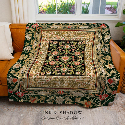 Victorian Garden Floral Throw Blanket | Romantic Rococo Botanical Accent Baroque Pattern Decor Cottagecore Jewel Toned Woven Tapestry Boho |