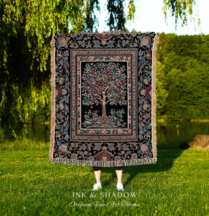 Medieval Cherry Tree of Life Throw Blanket | Baroque Botanical Pattern Romantic Gothic Woven Tapestry Fruit Accent Maximalist Home Decor |