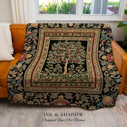Rustic Garden Tree of Life Throw Blanket | Medieval Floral Motif Gothic Botanical Decor Romantic Baroque Woven Tapestry Cherry Aesthetic |