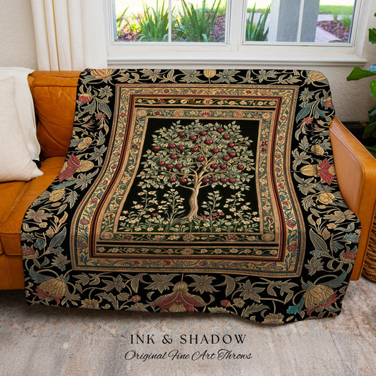 Rustic Garden Tree of Life Throw Blanket | Medieval Floral Motif Gothic Botanical Decor Romantic Baroque Woven Tapestry Cherry Aesthetic |