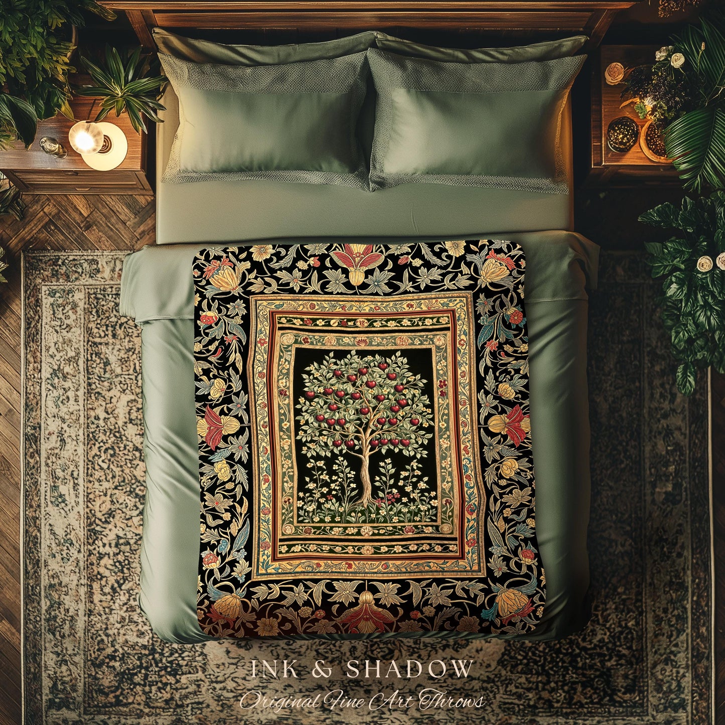 Rustic Garden Tree of Life Throw Blanket | Medieval Floral Motif Gothic Botanical Decor Romantic Baroque Woven Tapestry Cherry Aesthetic |