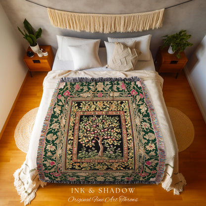 Storybook Gothic Cherry Tree Woven Tapestry | Romantic Woodland Botanical Fruit Design Ornate Floral Throw Blanket Baroque Accent Medieval |
