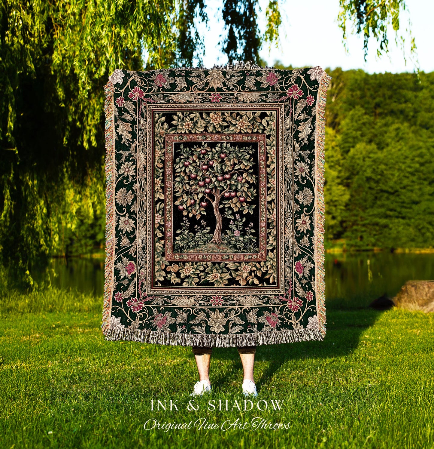 Storybook Gothic Cherry Tree Woven Tapestry | Romantic Woodland Botanical Fruit Design Ornate Floral Throw Blanket Baroque Accent Medieval |