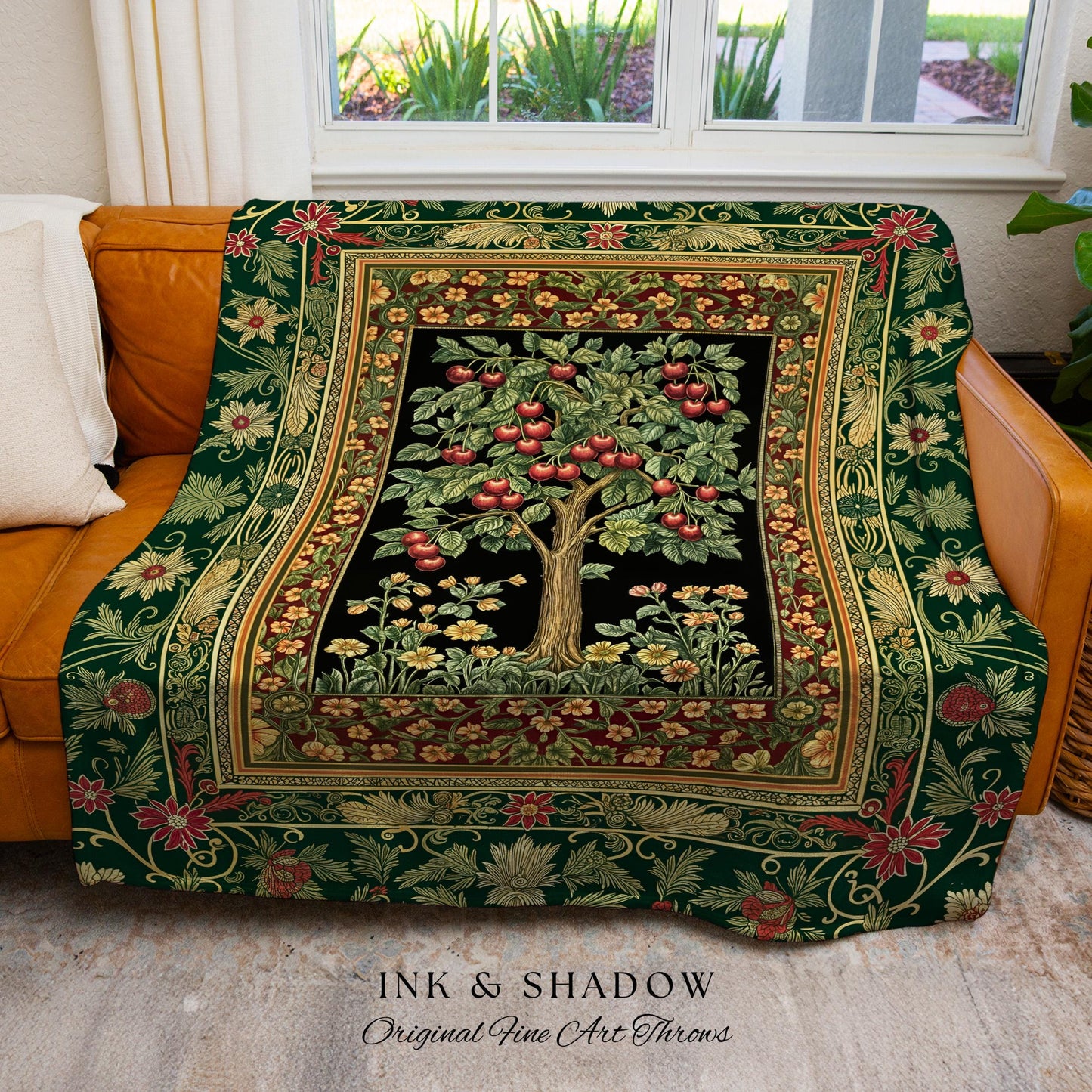 Woodland Folklore Tree of Life Throw Blanket | Romantic Botanical Decor Vintage Garden Baroque Floral Style Cottagecore Woven Wall Tapestry