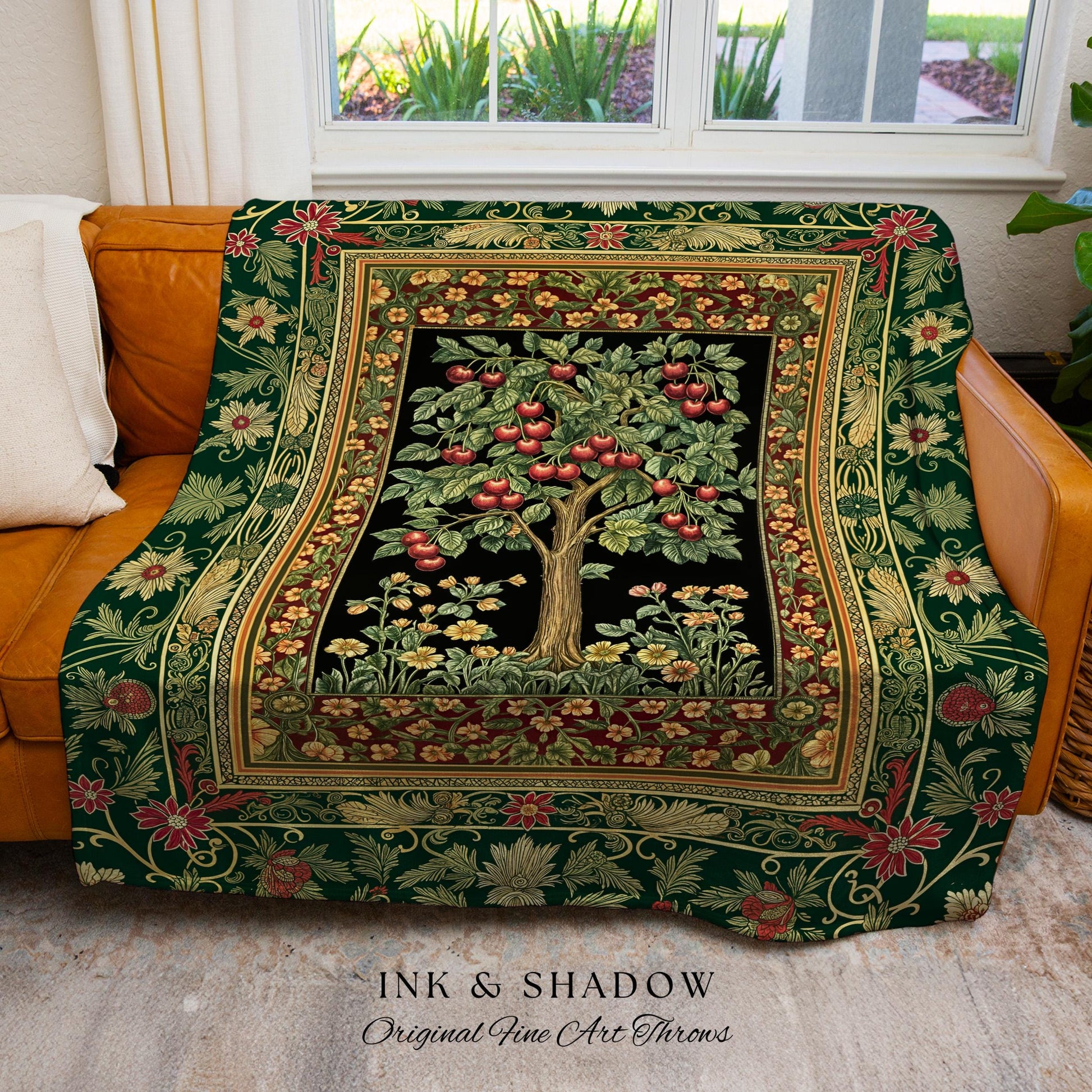 Woodland Folklore Tree of Life Throw Blanket | Romantic Botanical Decor Vintage Garden Baroque Floral Style Cottagecore Woven Wall Tapestry