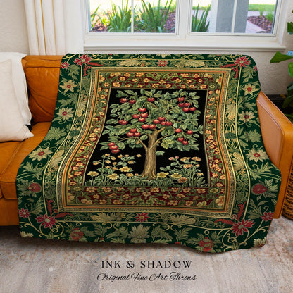 Woodland Folklore Tree of Life Throw Blanket | Romantic Botanical Decor Vintage Garden Baroque Floral Style Cottagecore Woven Wall Tapestry