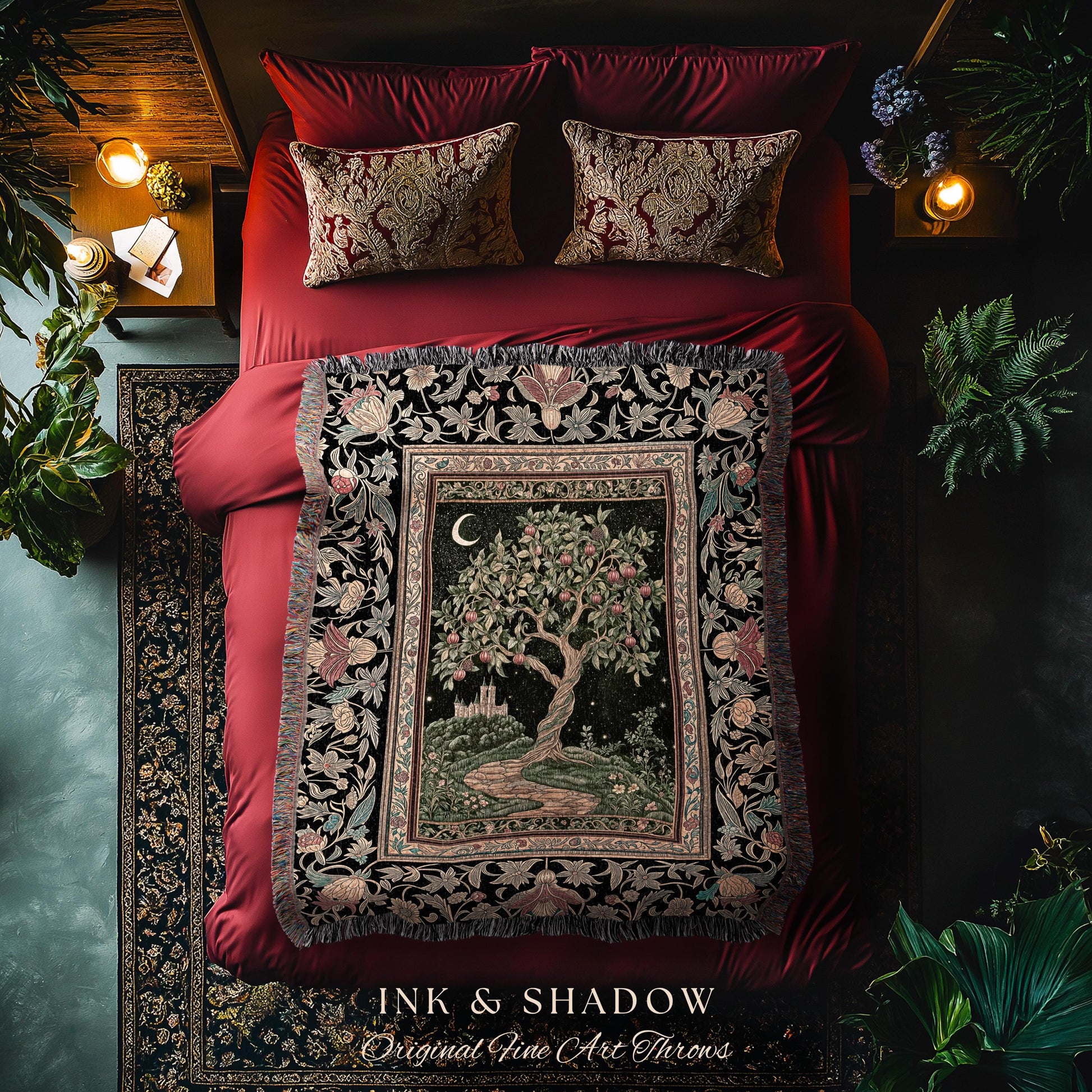 Moonlit Magic Whimsical Tree Blanket | Celestial Forest Midnight Aesthetic Folklore Fairy Tale Decor Medieval Style Woven Tapestry Throw |