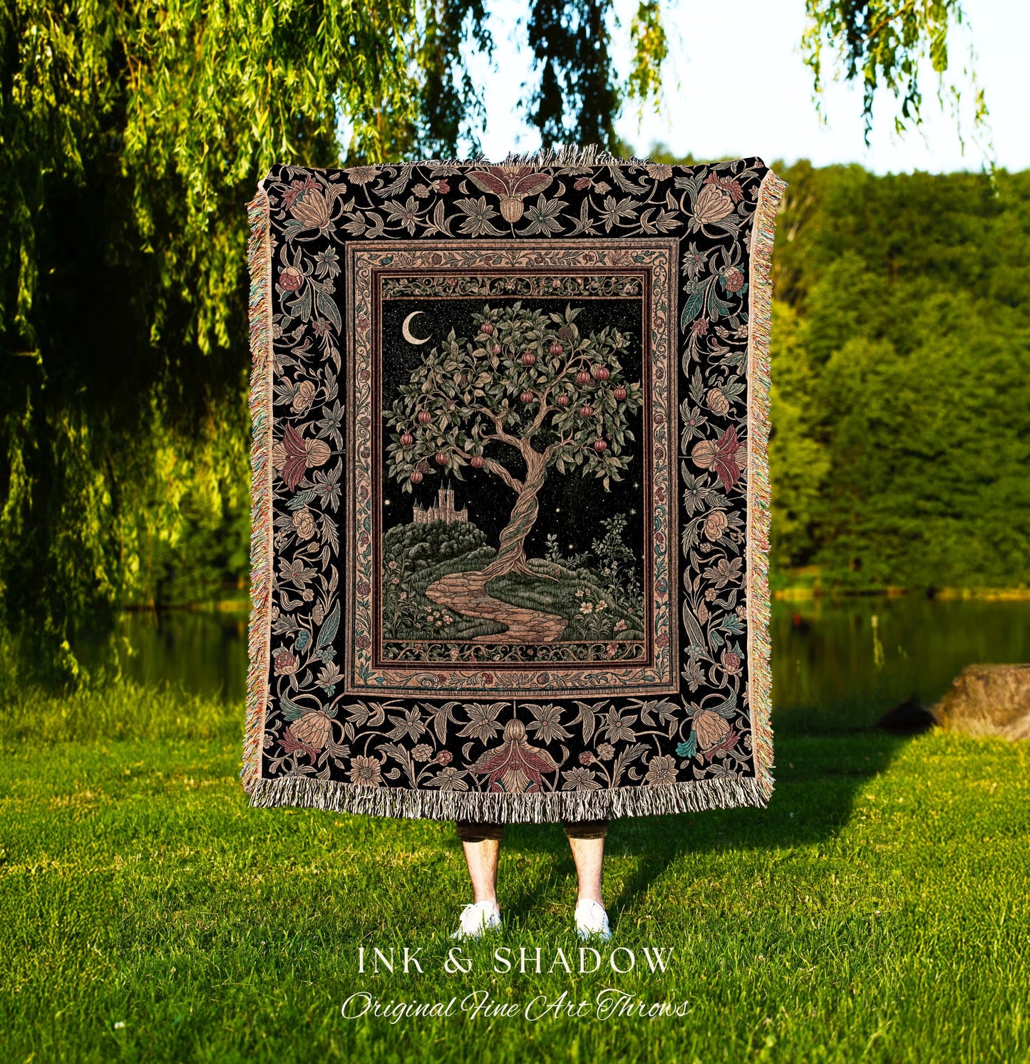 Moonlit Magic Whimsical Tree Blanket | Celestial Forest Midnight Aesthetic Folklore Fairy Tale Decor Medieval Style Woven Tapestry Throw |