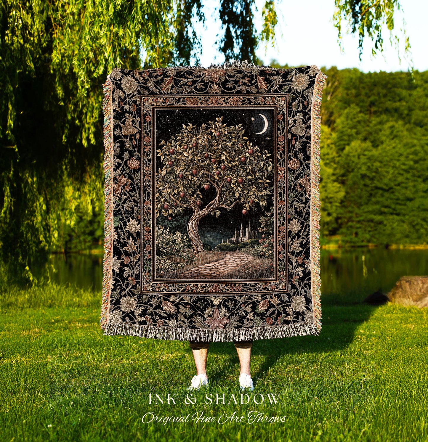 Starlit Storybook Tree Blanket | Dreamy Woven Bedroom Decor Folklore Castle Garden Magic Moody Celestial Home Folklore Tapestry Bohemian |