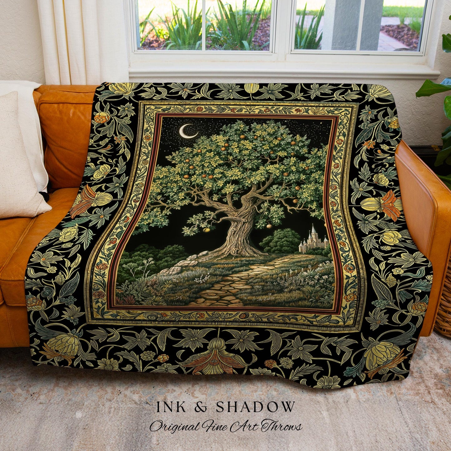 Emerald Aesthetic Folklore Throw Blanket | Celestial Tree of Life Moonlit Forest Enchanted Mystic Woodland Dapestry Dark Cottagecore Decor |