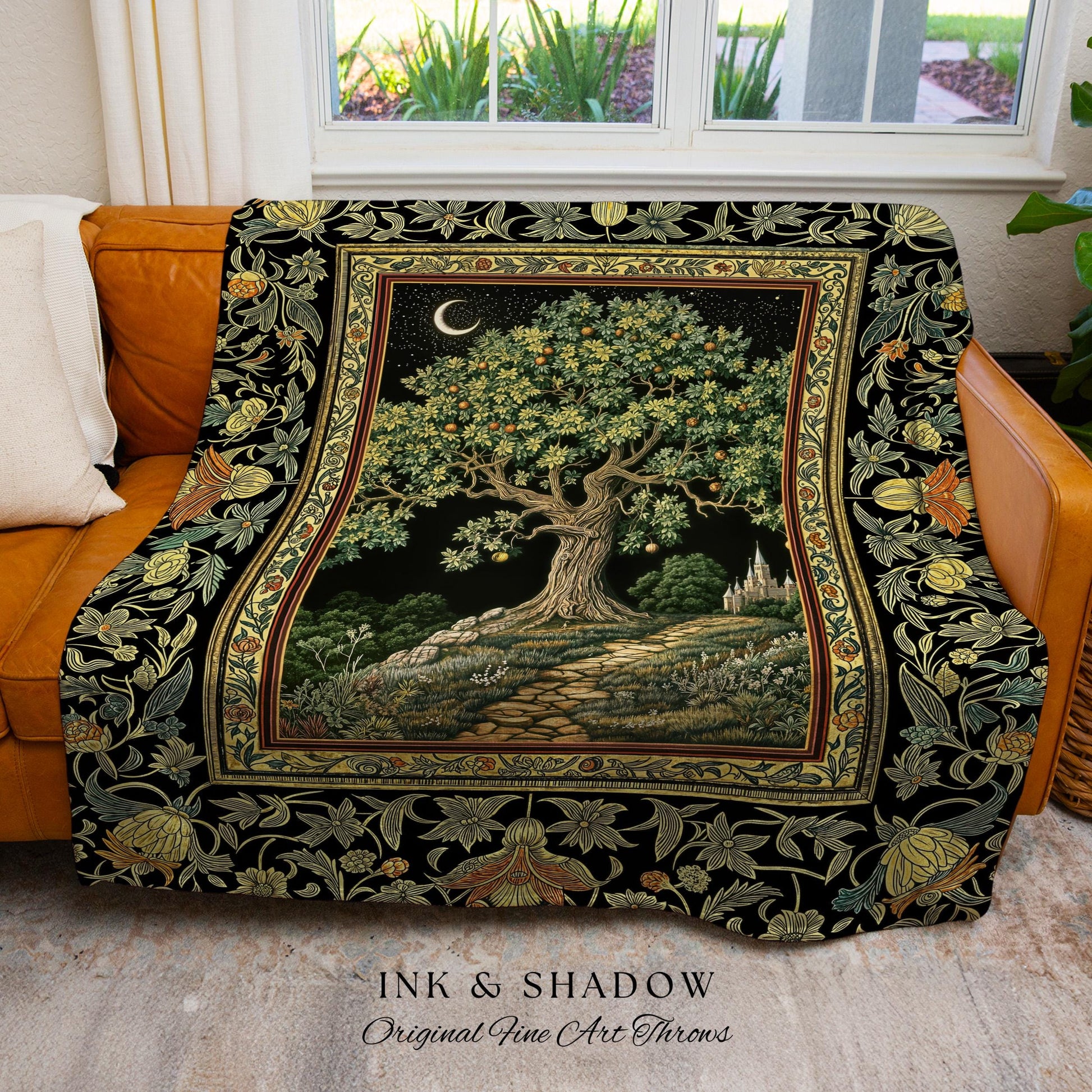 Emerald Aesthetic Folklore Throw Blanket | Celestial Tree of Life Moonlit Forest Enchanted Mystic Woodland Dapestry Dark Cottagecore Decor |