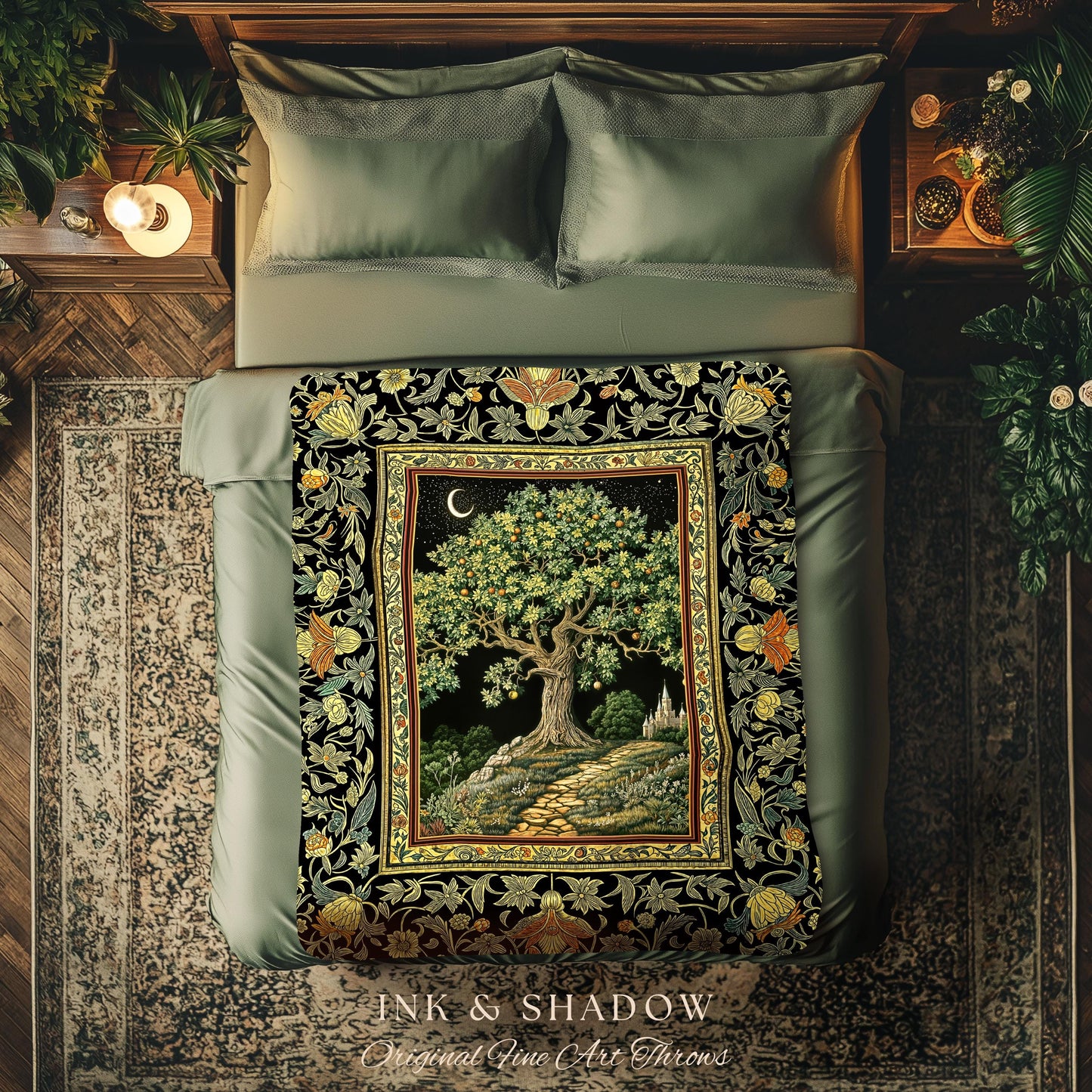Emerald Aesthetic Folklore Throw Blanket | Celestial Tree of Life Moonlit Forest Enchanted Mystic Woodland Dapestry Dark Cottagecore Decor |