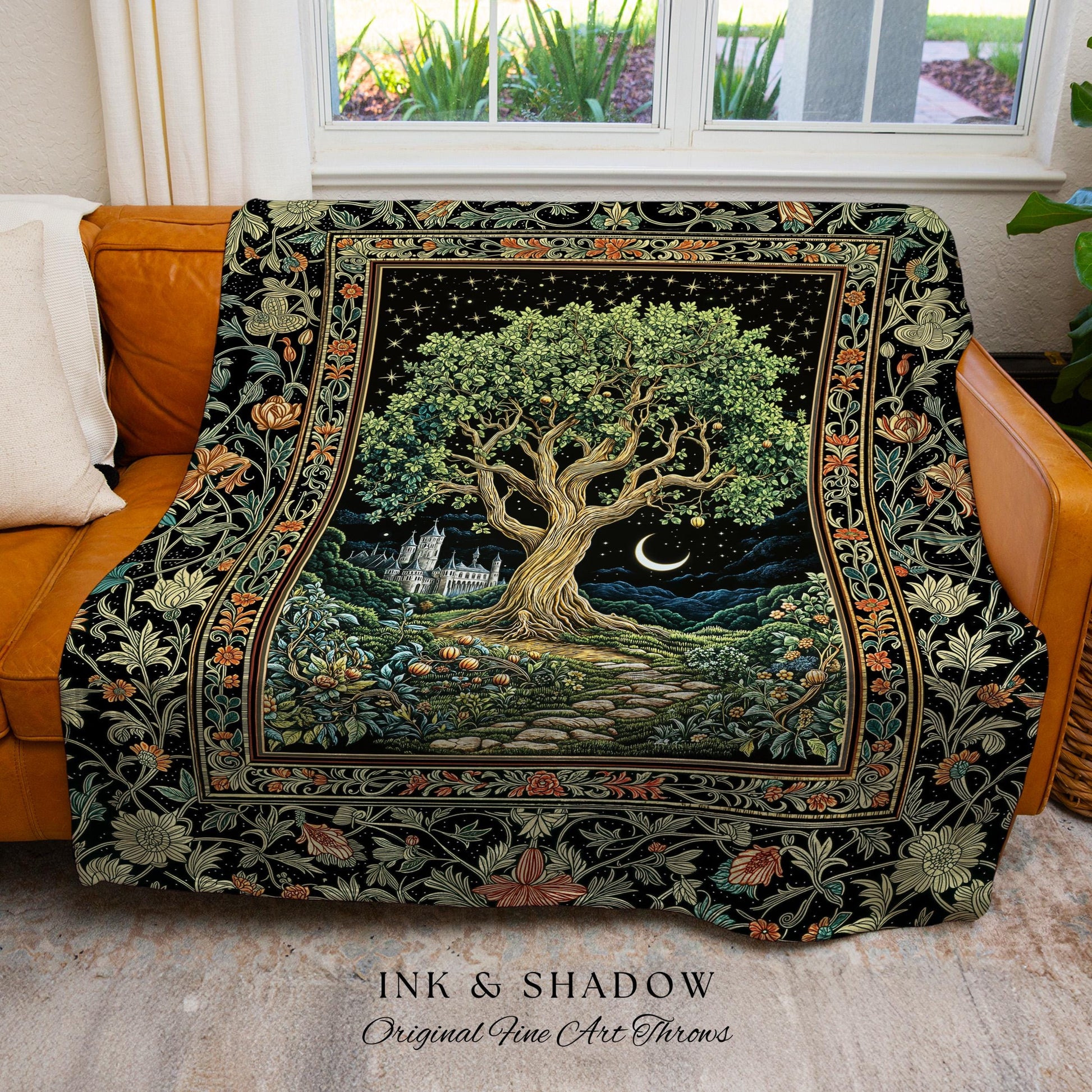Fairytale Castle Tree of Life Throw Blanket | Celestial Forest Landscape Starry Sky Witchy Aesthetic Mystical Cottagecore Woven Tapestry |