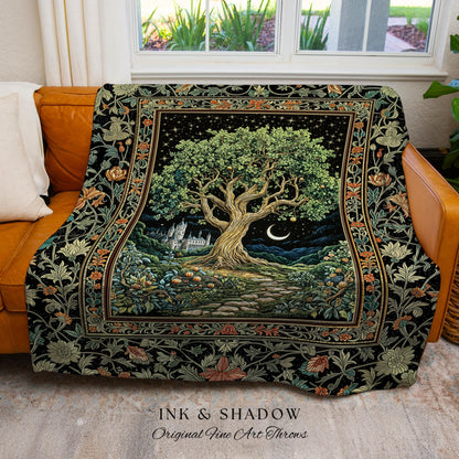 Fairytale Castle Tree of Life Throw Blanket | Celestial Forest Landscape Starry Sky Witchy Aesthetic Mystical Cottagecore Woven Tapestry |
