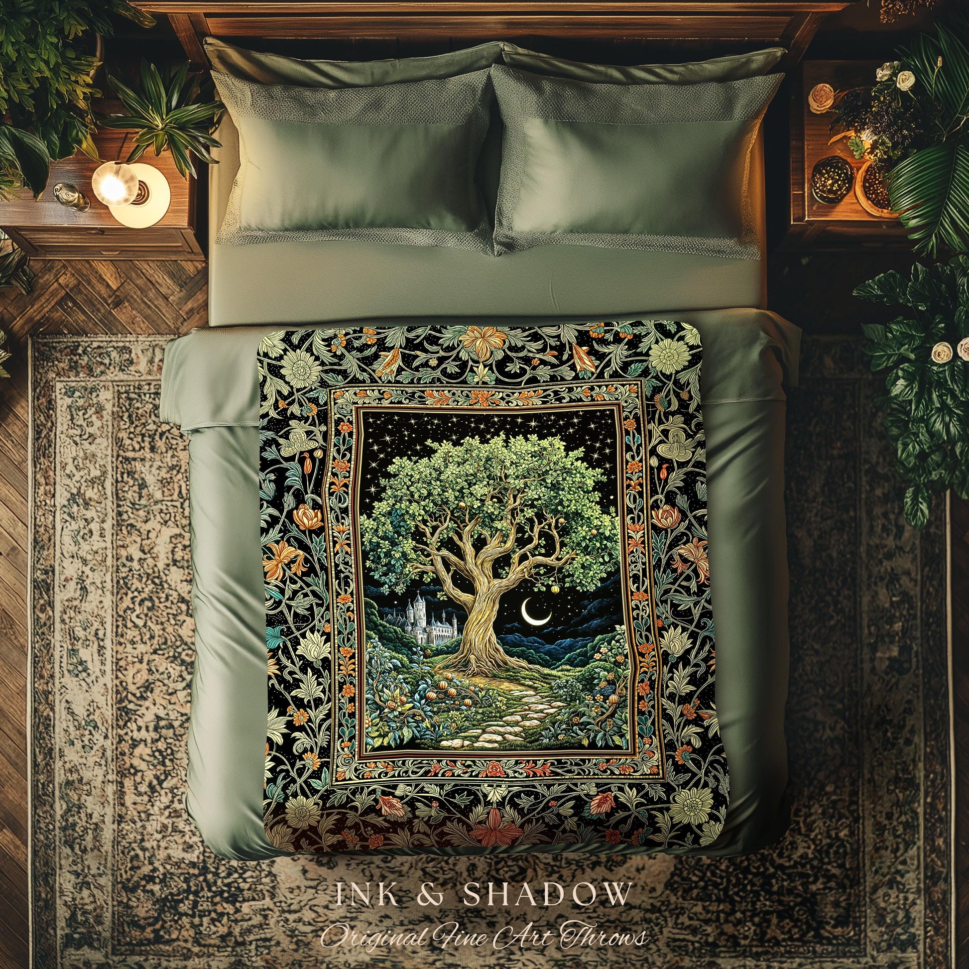 Fairytale Castle Tree of Life Throw Blanket | Celestial Forest Landscape Starry Sky Witchy Aesthetic Mystical Cottagecore Woven Tapestry |