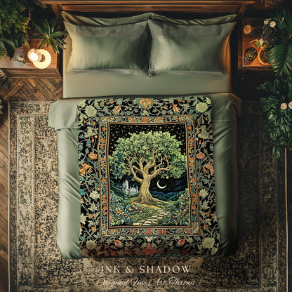 Fairytale Castle Tree of Life Throw Blanket | Celestial Forest Landscape Starry Sky Witchy Aesthetic Mystical Cottagecore Woven Tapestry |