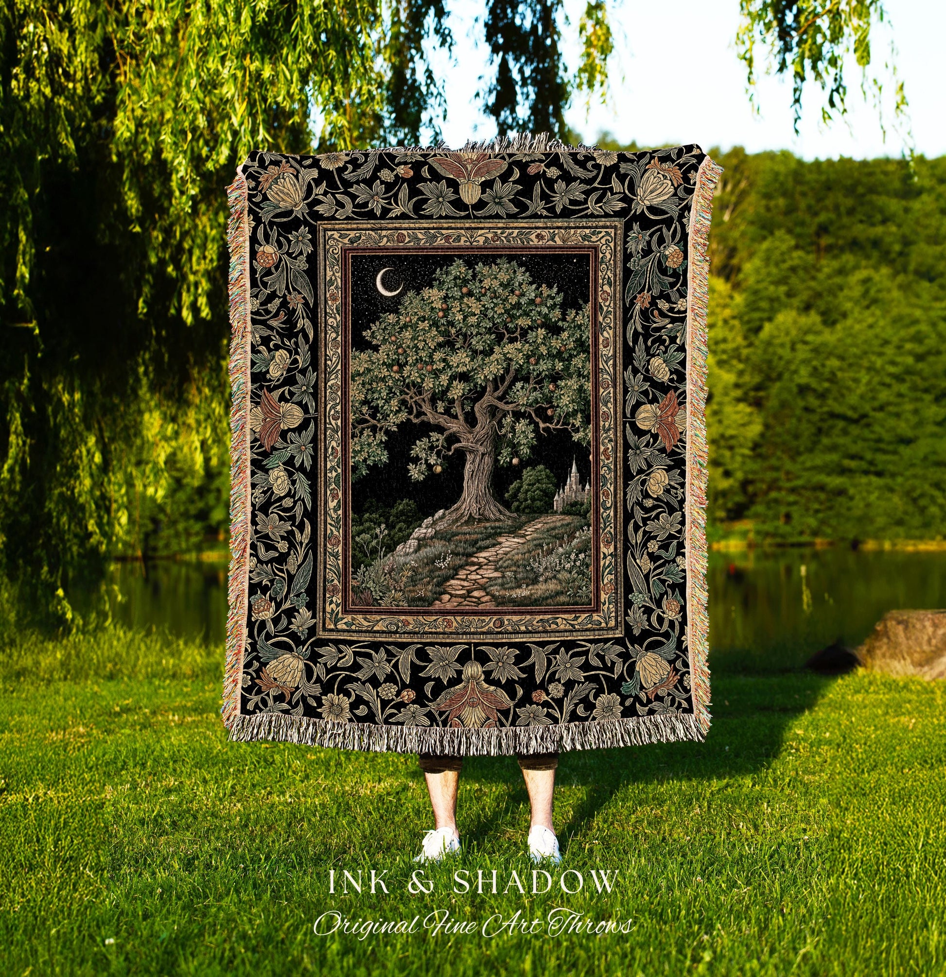 Emerald Aesthetic Folklore Throw Blanket | Celestial Tree of Life Moonlit Forest Enchanted Mystic Woodland Dapestry Dark Cottagecore Decor |