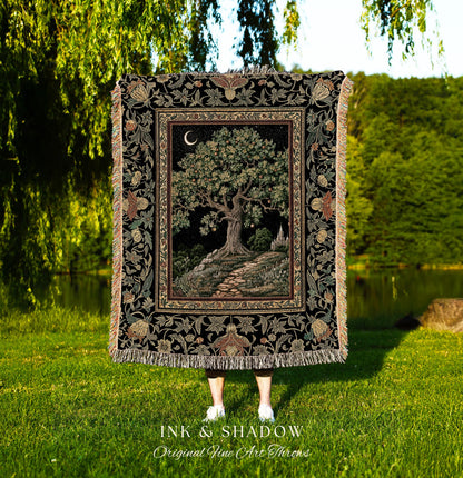 Emerald Aesthetic Folklore Throw Blanket | Celestial Tree of Life Moonlit Forest Enchanted Mystic Woodland Dapestry Dark Cottagecore Decor |