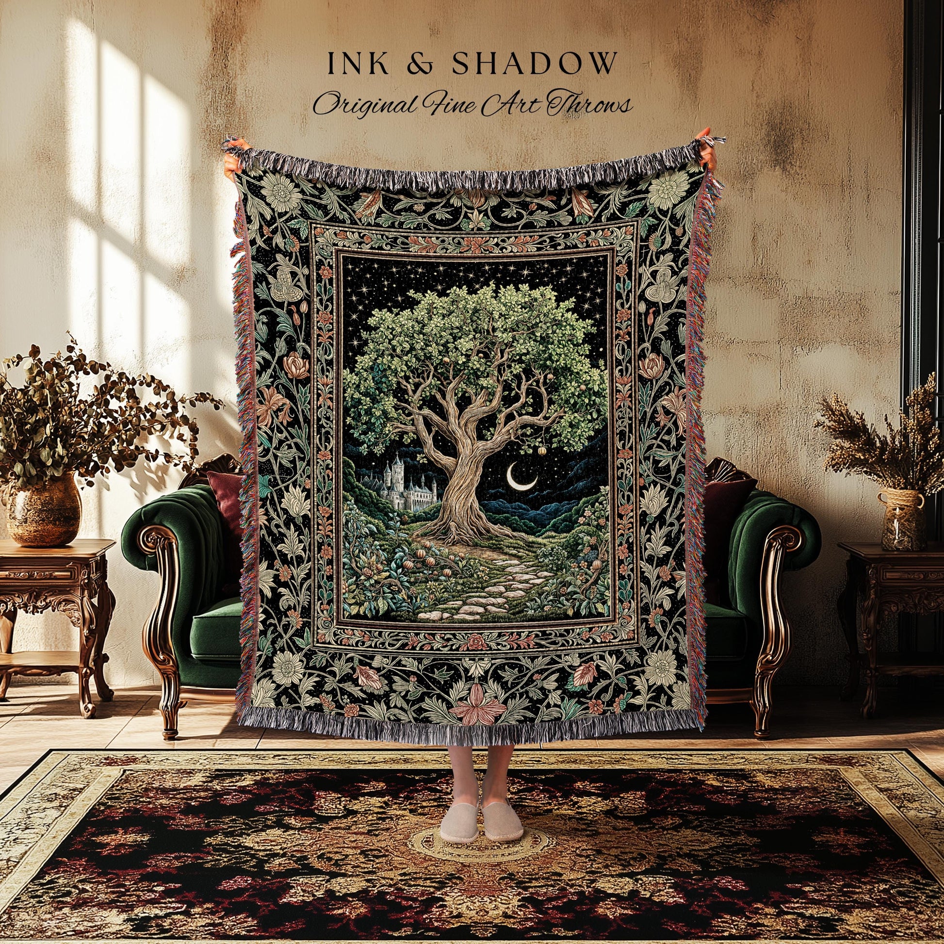 Fairytale Castle Tree of Life Throw Blanket | Celestial Forest Landscape Starry Sky Witchy Aesthetic Mystical Cottagecore Woven Tapestry |