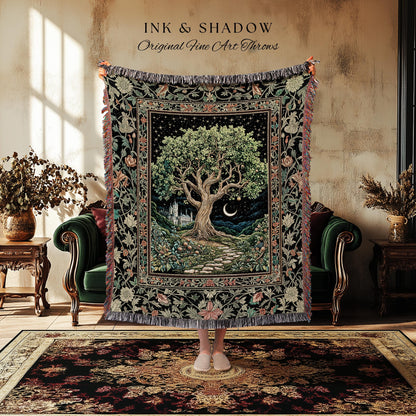 Fairytale Castle Tree of Life Throw Blanket | Celestial Forest Landscape Starry Sky Witchy Aesthetic Mystical Cottagecore Woven Tapestry |
